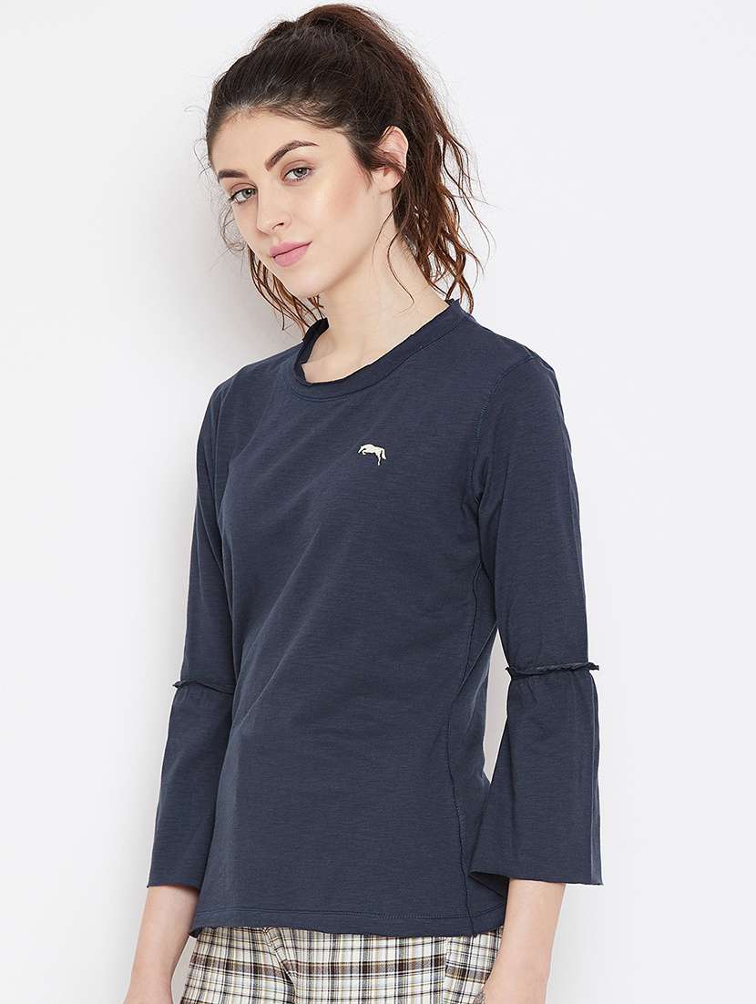 frill trim round neck top - 16040281 - Standard Image - 1
