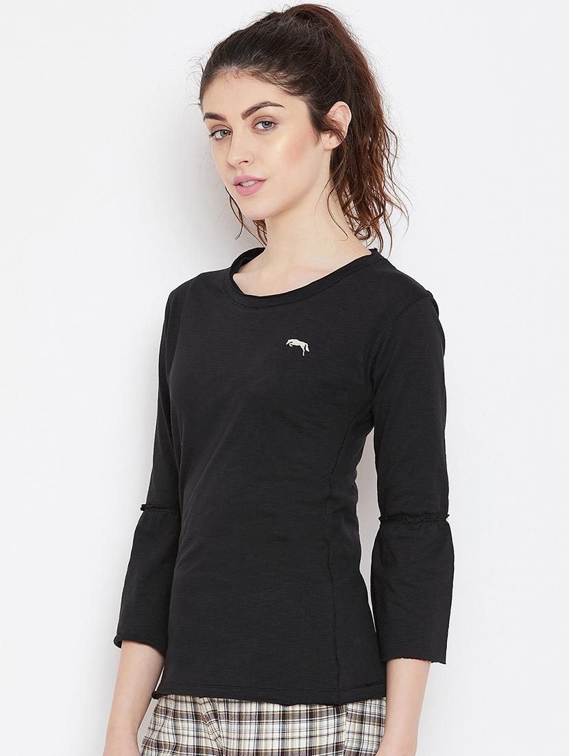 frill trim round neck top - 16040283 - Standard Image - 1