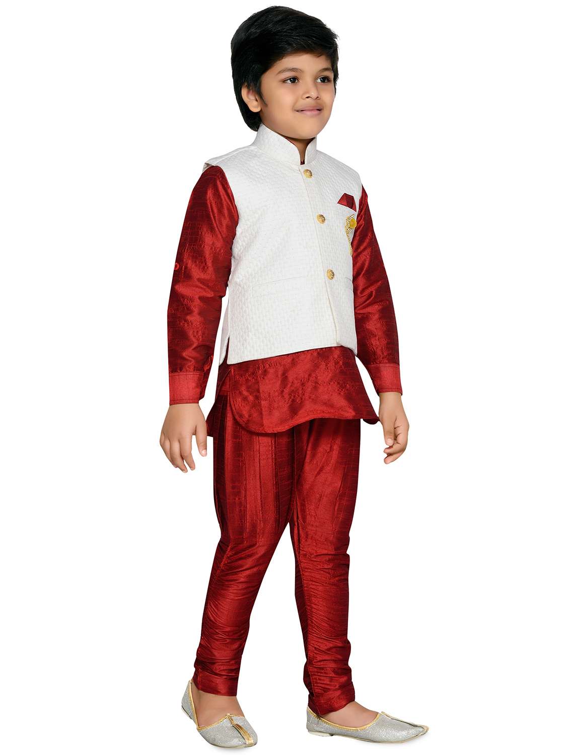 red silk blend kurta set with nehru jacket - 16045821 -  Standard Image - 1