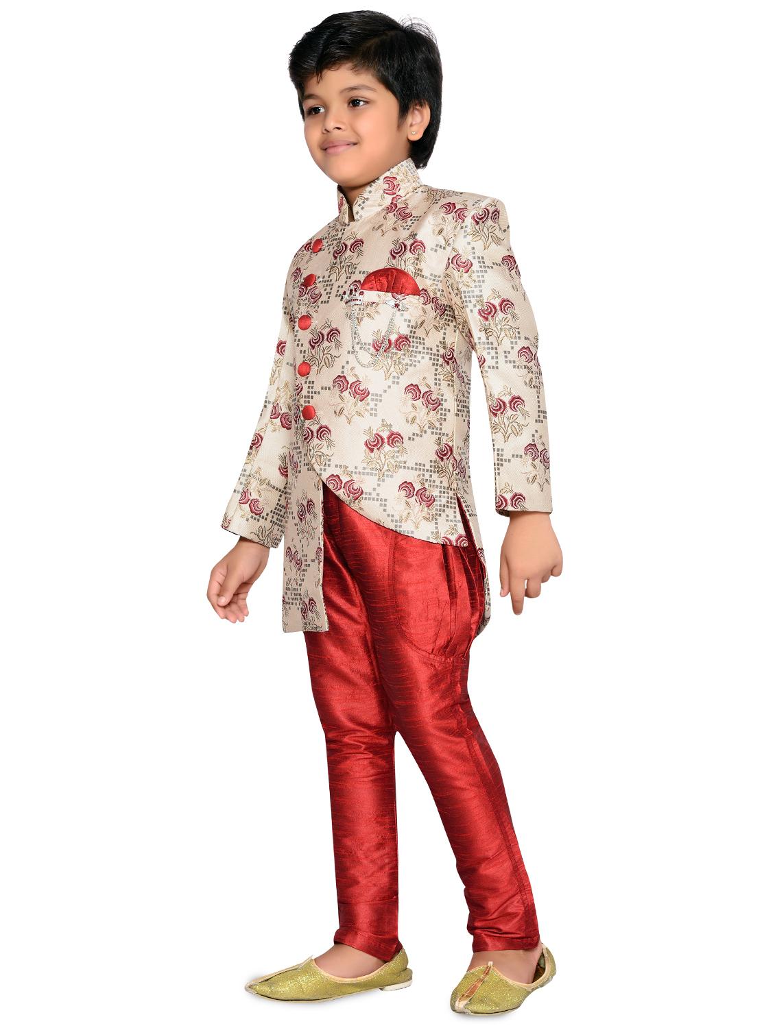 red polyester sherwani set - 16046218 - Standard Image - 1