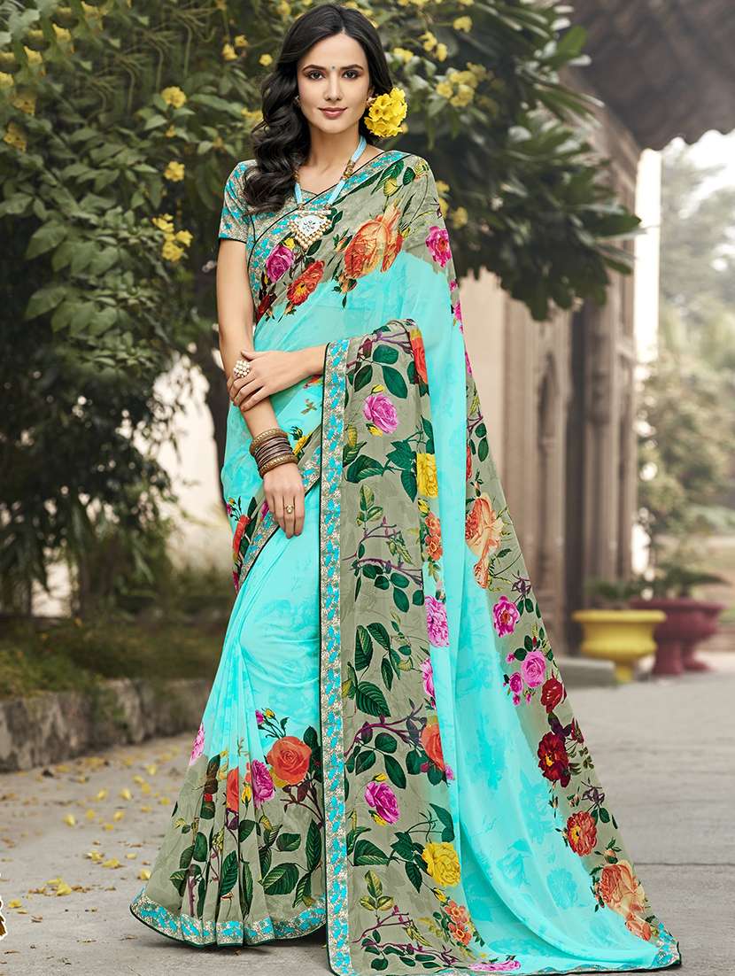 turquoise floral printed saree with blouse