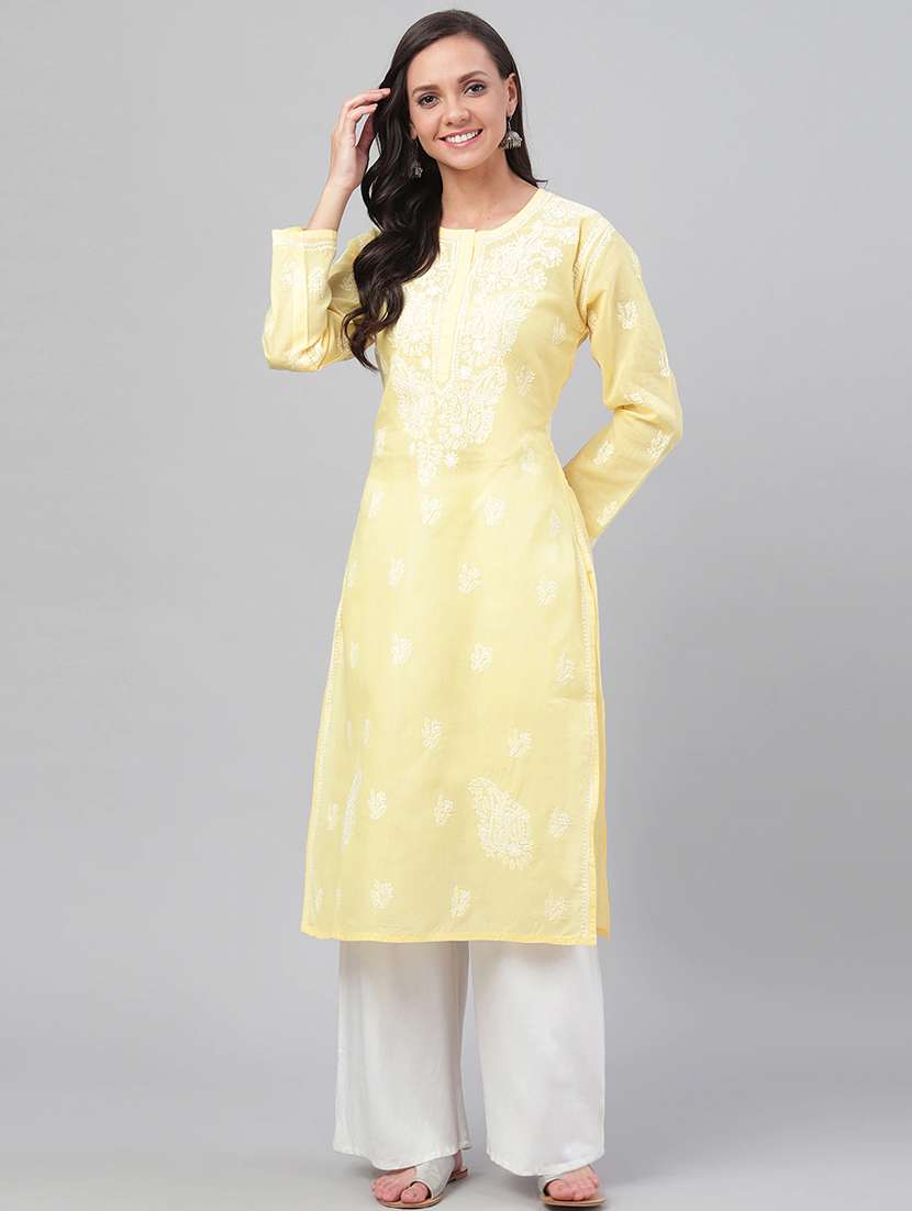lemon yellow knee length cotton women chikankari kurta