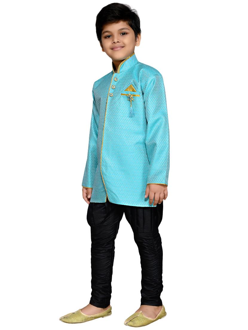 light blue silk blend sherwani set - 16047653 - Standard Image - 1