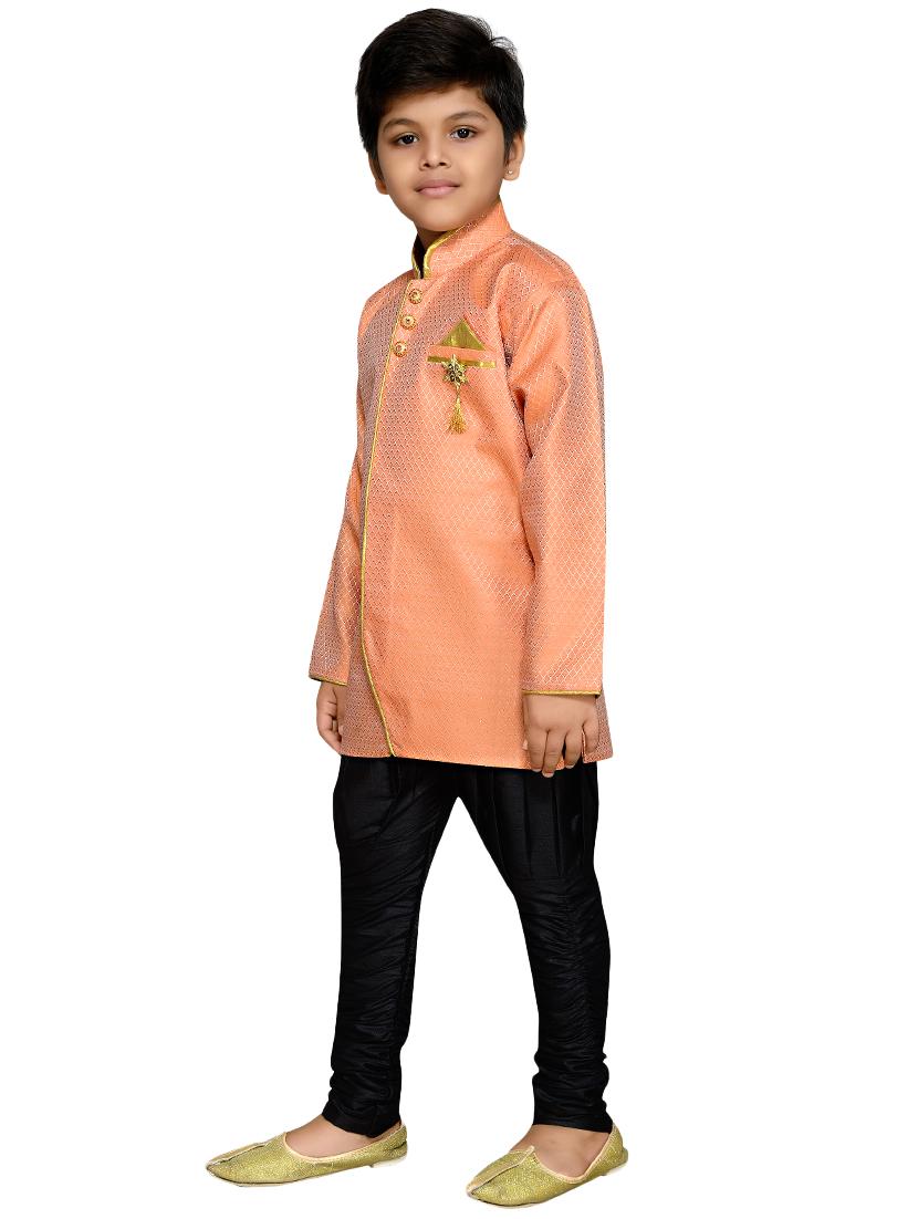 orange silk blend sherwani set - 16047654 - Standard Image - 1
