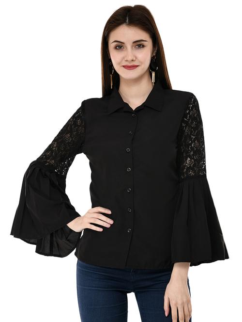 bell sleeved mesh panel shirt - 16054113 -  Standard Image - 0