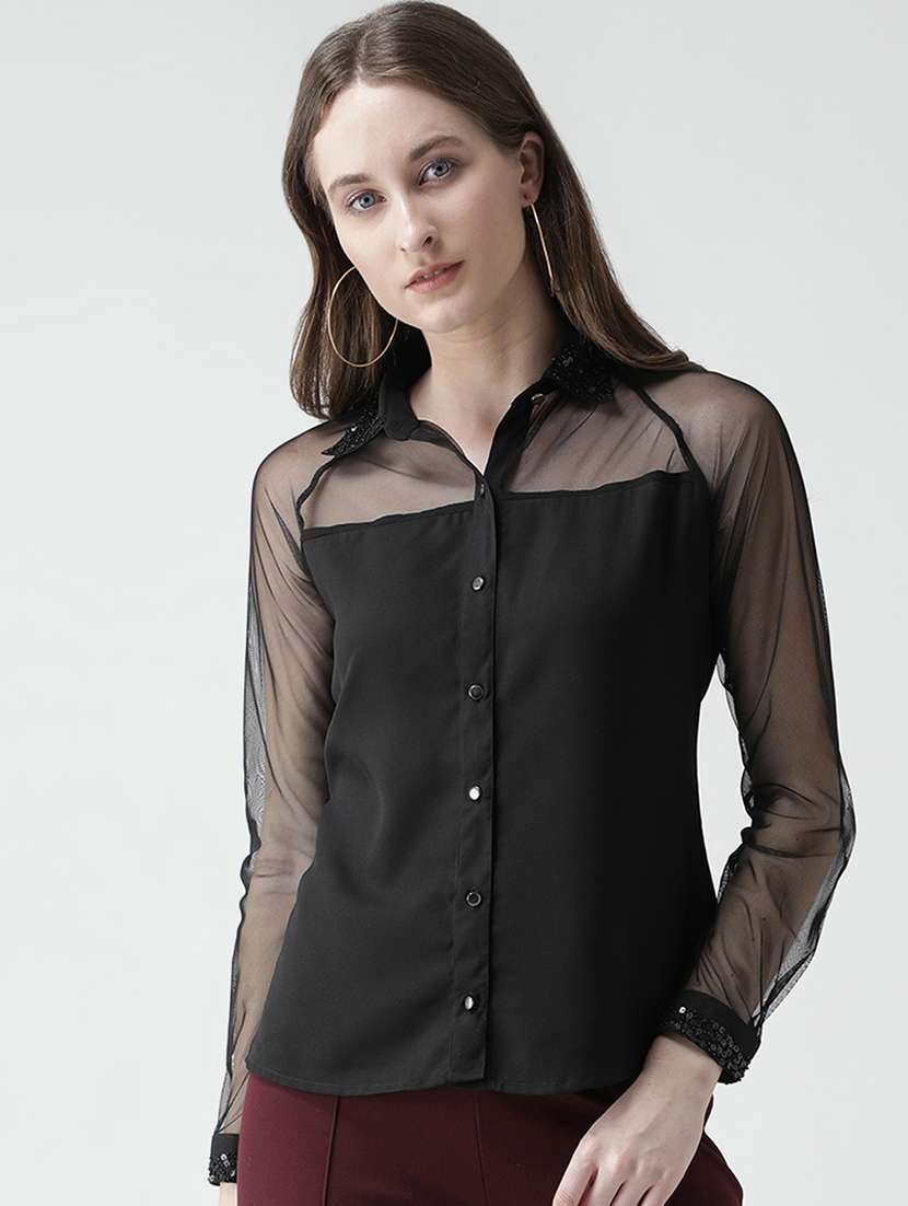 embellished collar sheer panel shirt