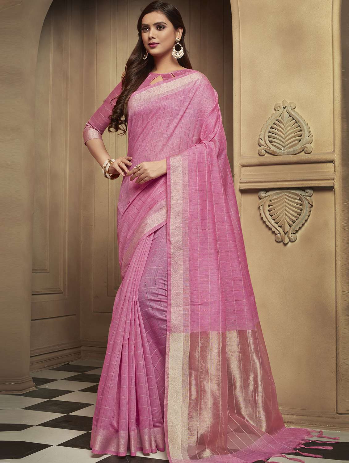 checkered zari motif pink woven saree with blouse