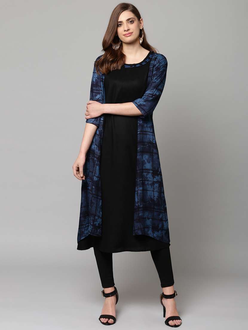 solid kurta with abstract print jacket 
