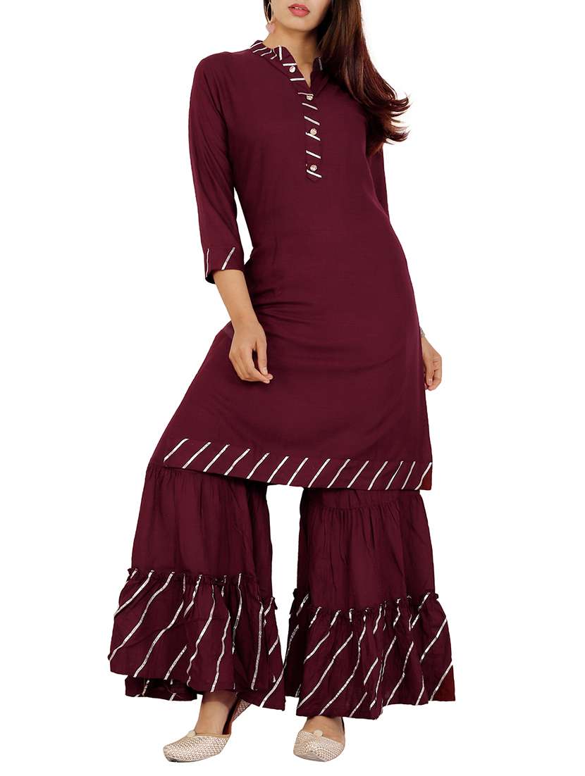 gota work solid kurta with ruffled palazzo set