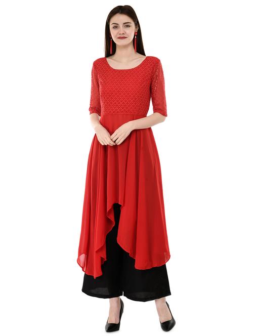 high-low solid kurta with palazzo set - 16072340 -  Standard Image - 0
