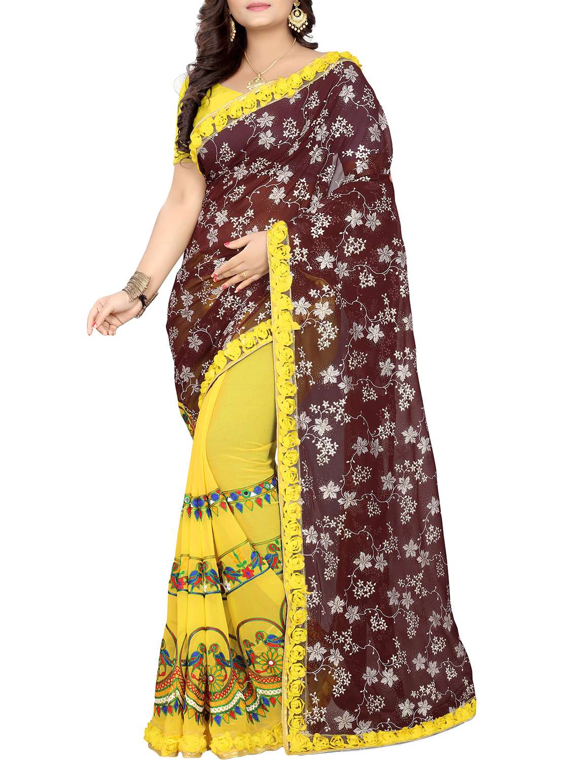 women's self design brown colored saree with blouse