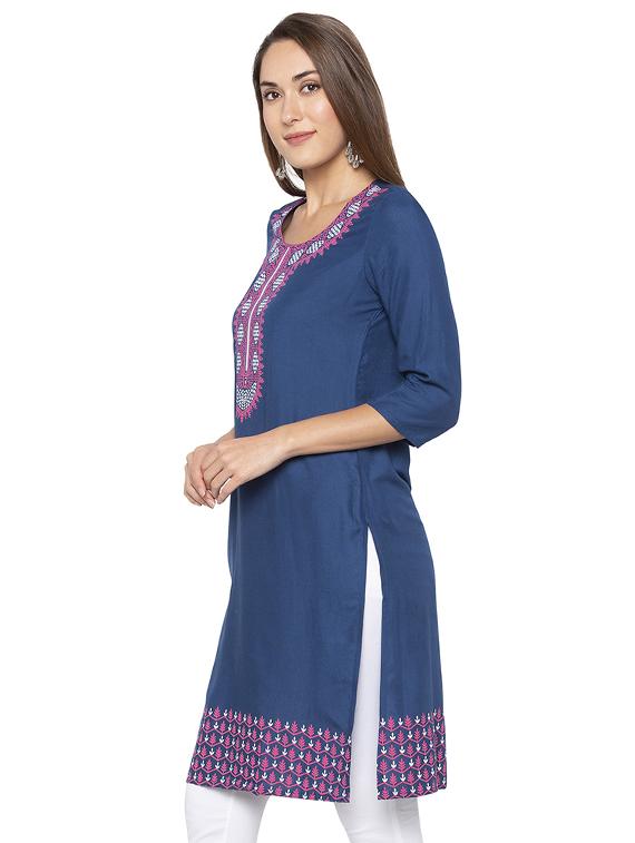 neck & hem printed straight kurta - 16077891 - Standard Image - 1