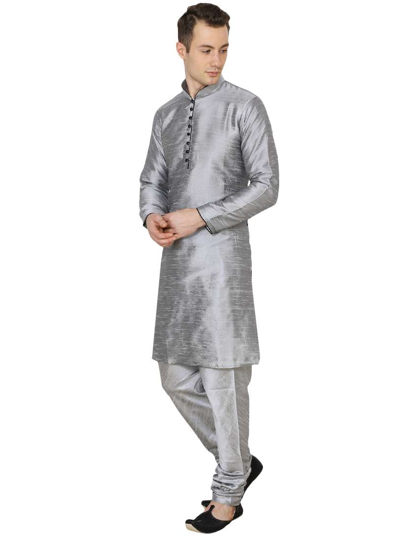 silver silk blend long kurta - 16079677 -  Standard Image - 1