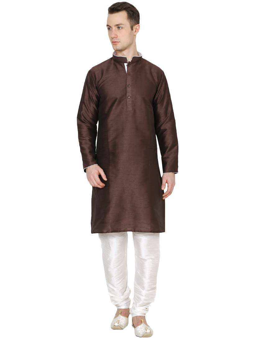 brown silk blend long kurta - 16079684 - Zoom Image - 0