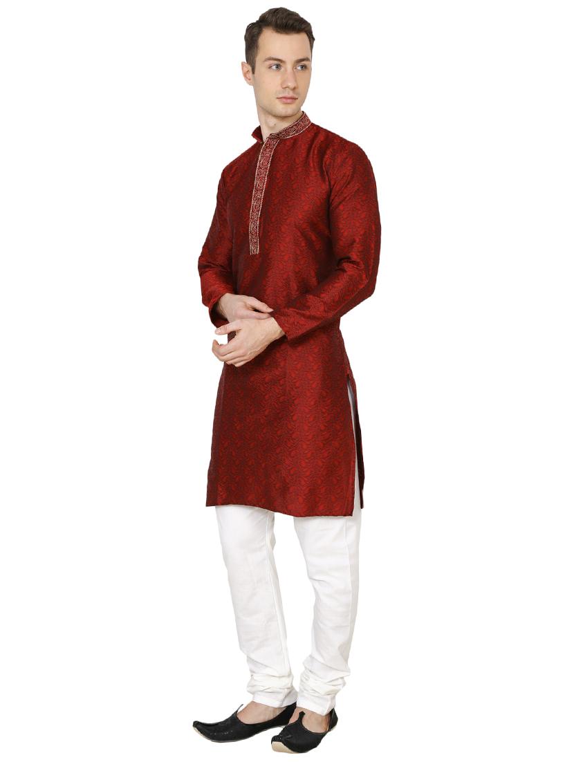 red silk blend long kurta - 16079702 - Standard Image - 1