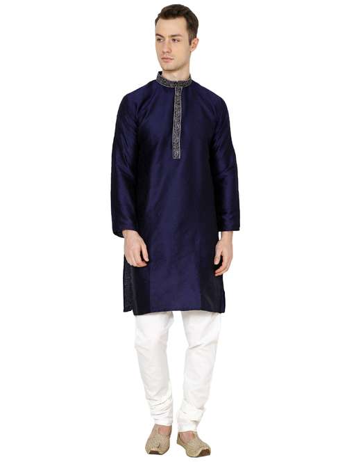 navy blue silk blend long kurta - 16079703 - Standard Image - 0