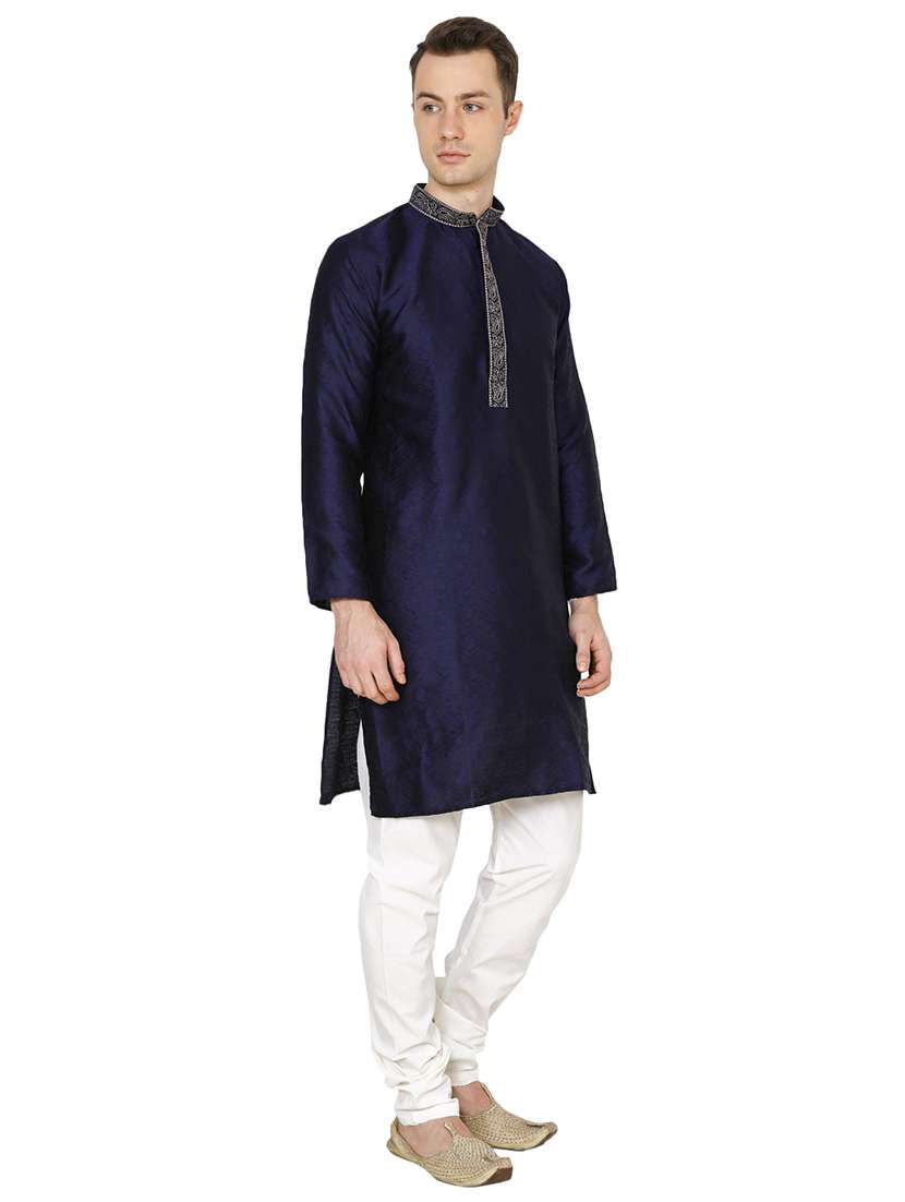navy blue silk blend long kurta - 16079703 - Standard Image - 1