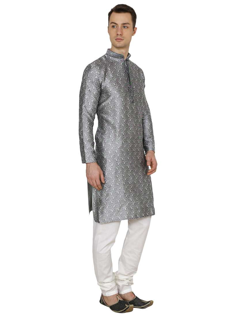 silver silk blend long kurta - 16079704 -  Standard Image - 1