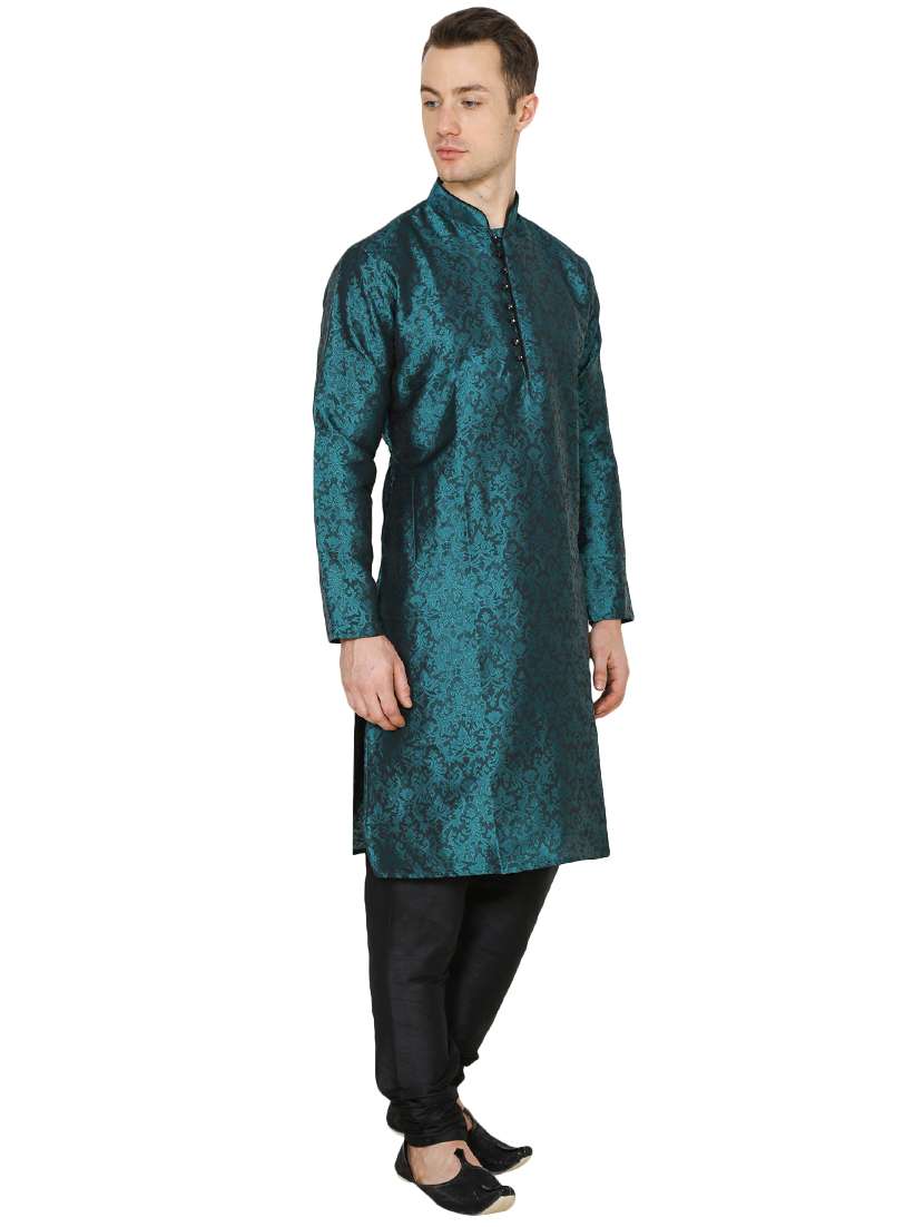 green silk blend long kurta - 16079705 - Standard Image - 1