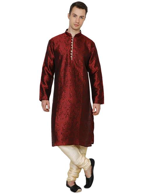 red silk blend long kurta - 16079708 -  Standard Image - 0