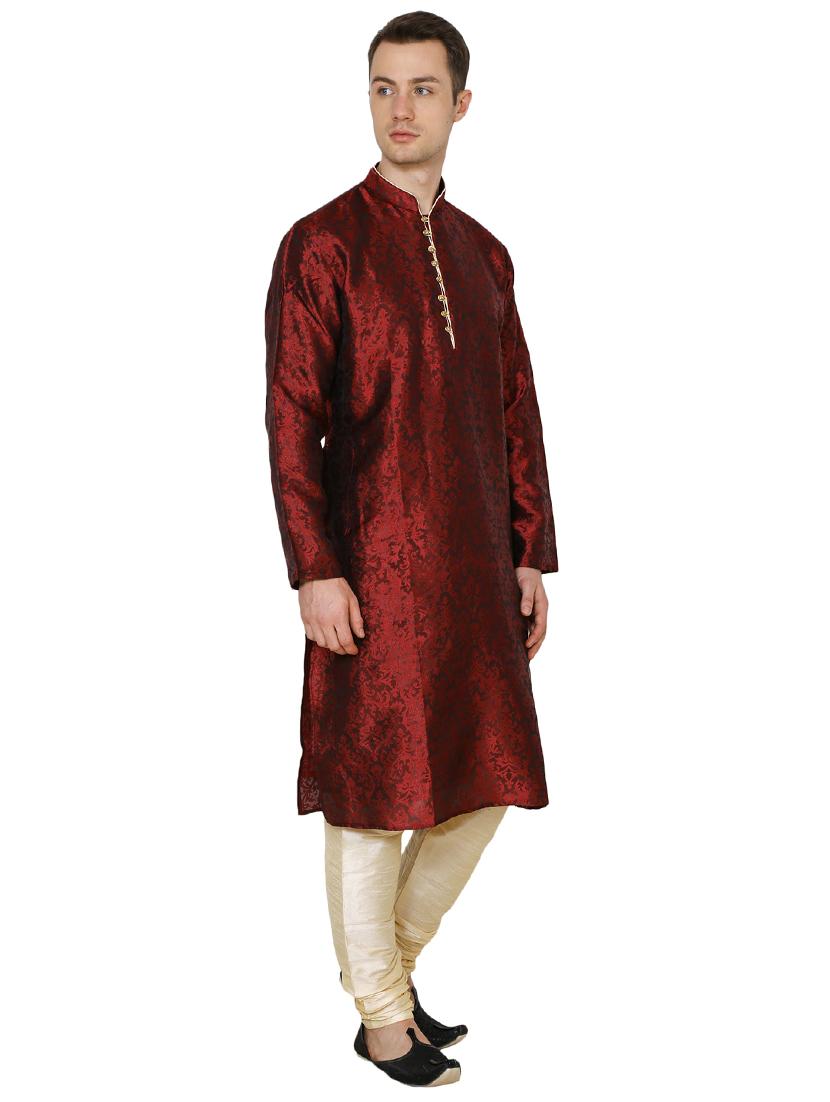 red silk blend long kurta - 16079708 -  Standard Image - 1