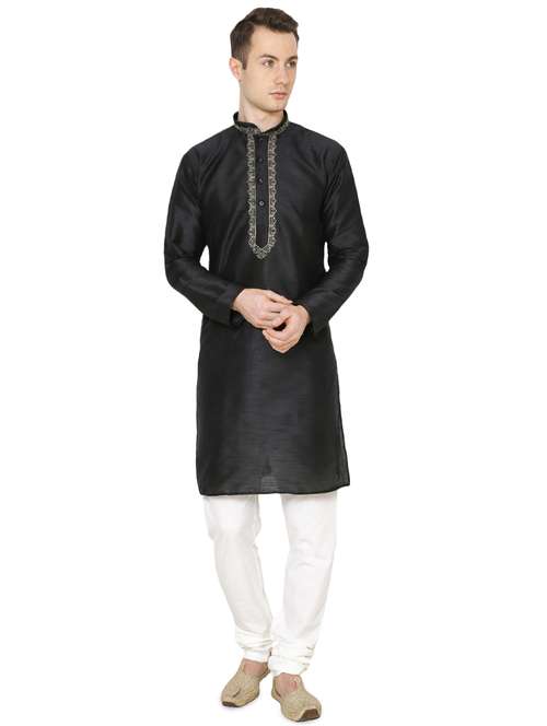 black silk blend long kurta - 16079711 - Standard Image - 0