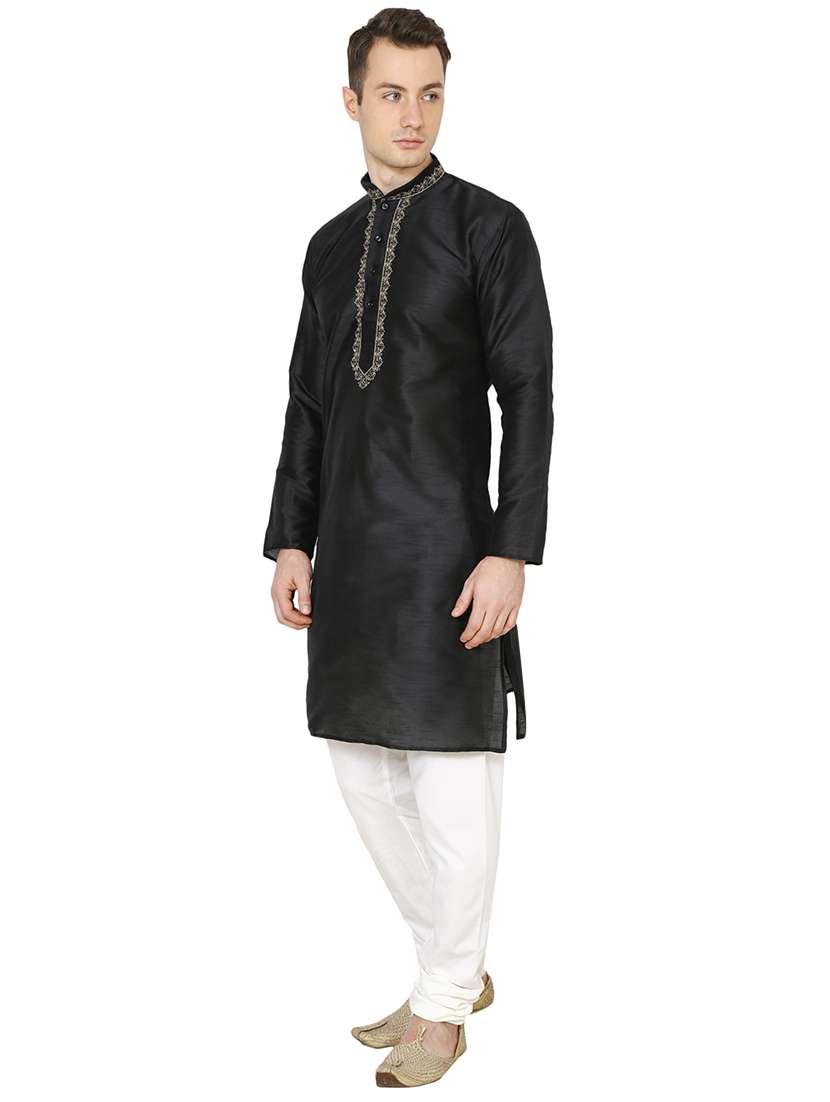 black silk blend long kurta - 16079711 - Standard Image - 1