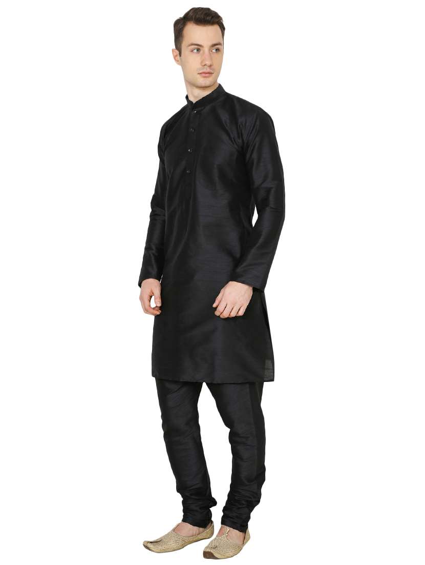black silk blend long kurta - 16079712 -  Standard Image - 1