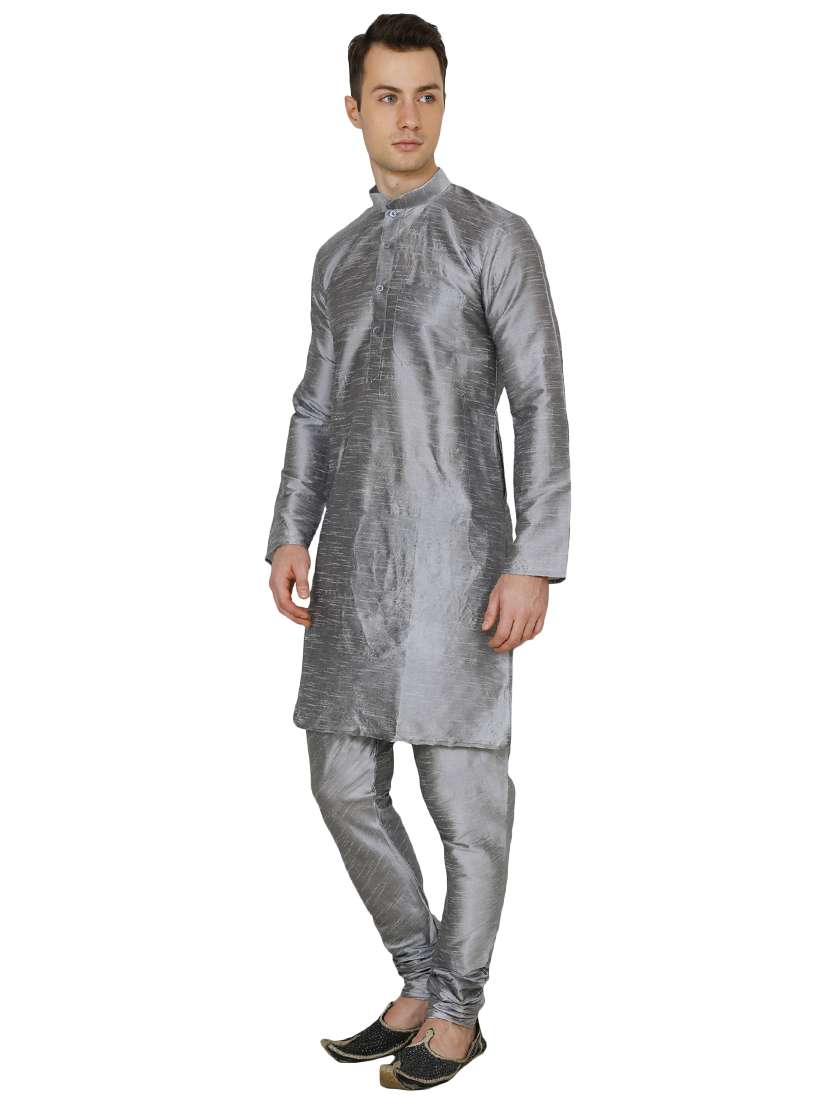 silver silk blend long kurta - 16079721 - Standard Image - 1