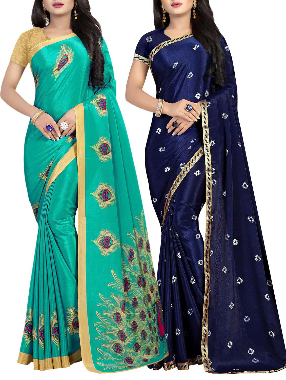 set of 2 multicolor printed saree combo with blouse