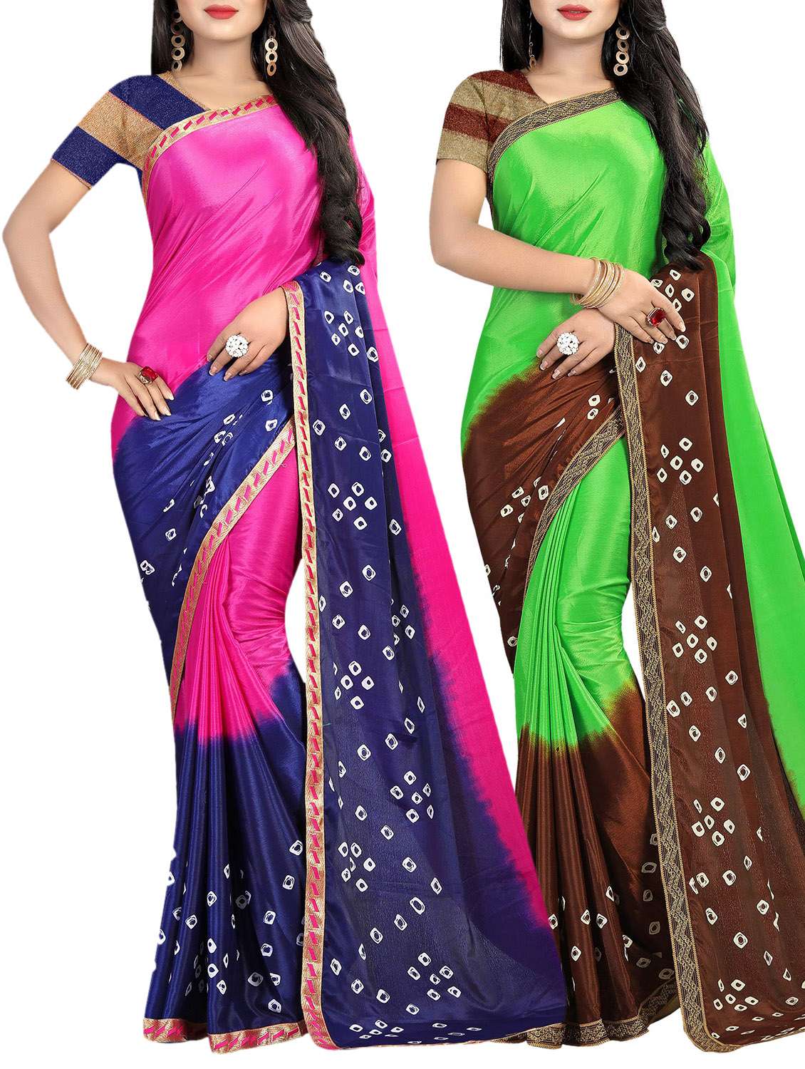 set of 2 multicolor bandhani saree combo with blouse