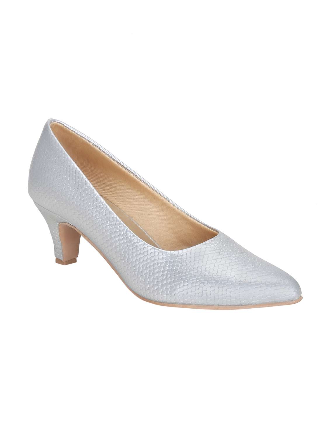 silver faux leather slip on pumps