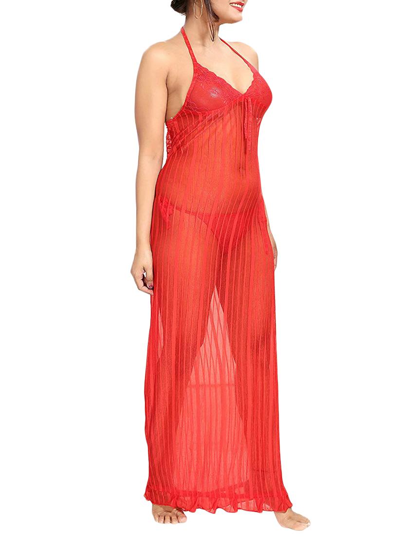 halter neck lace detail nighty with panty - 16098341 -  Standard Image - 1
