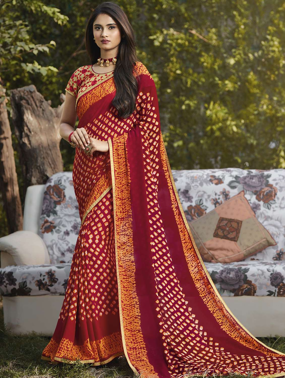 lace border bandhani saree with blouse