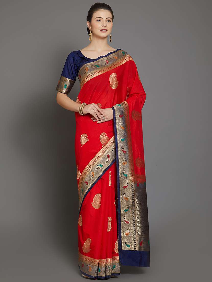 paisley zari motifs red banarasi saree with blouse