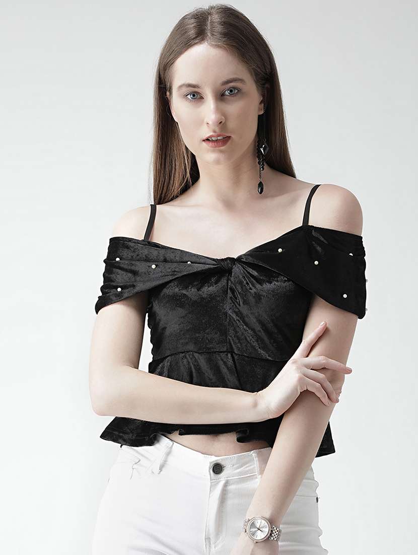 pearl embellished cold shoulder top