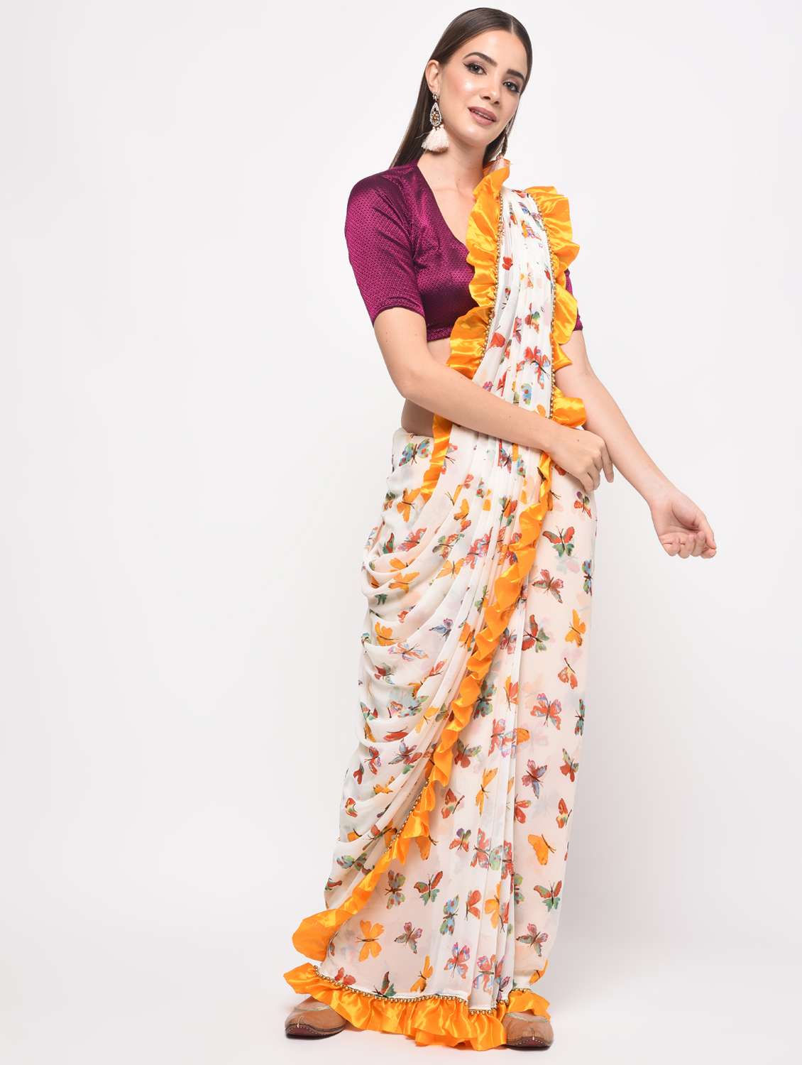 contrast ruffled printed saree with blouse