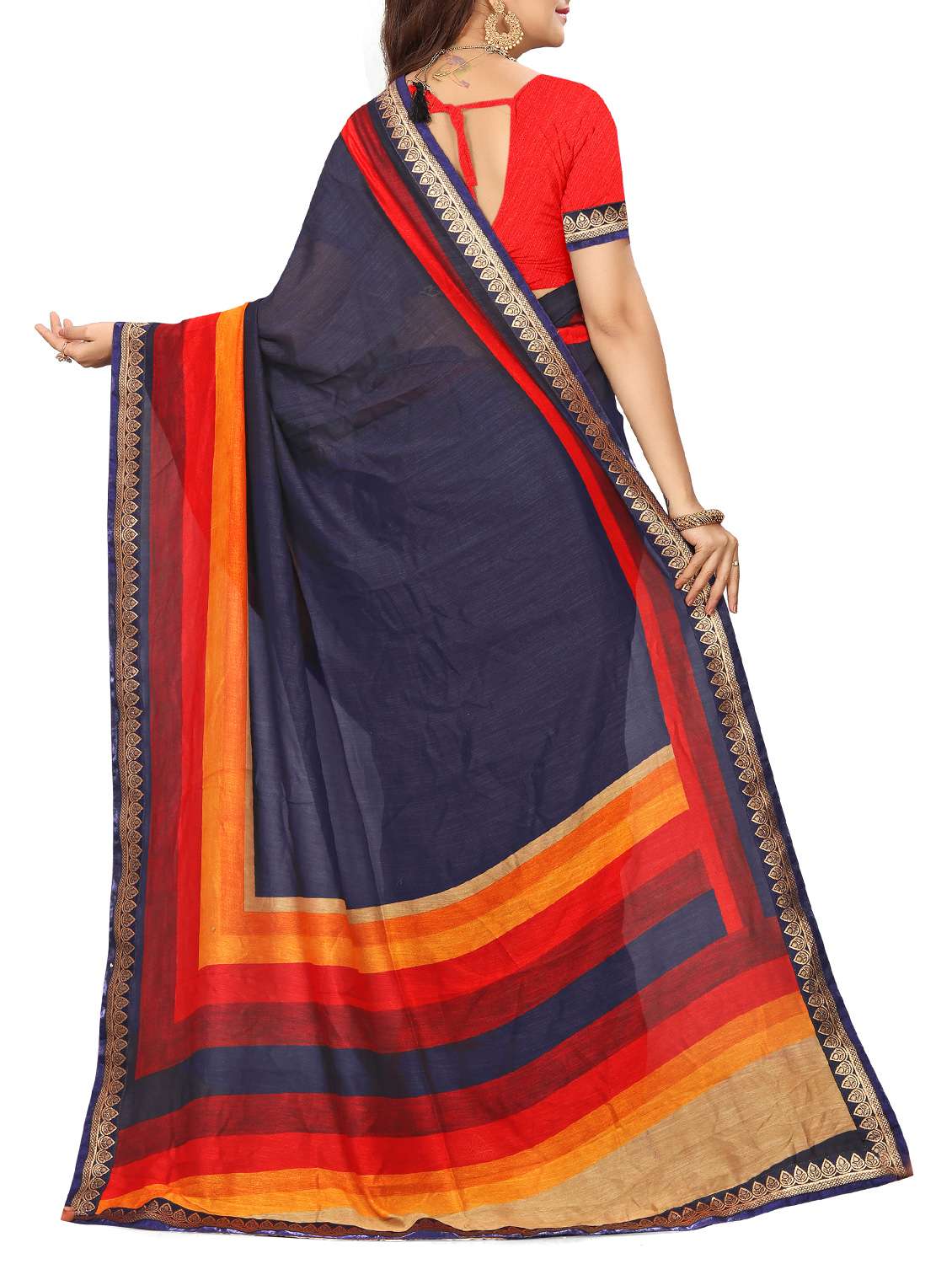 women's stripes navy blue colored saree with blouse - 16112699 -  Standard Image - 1