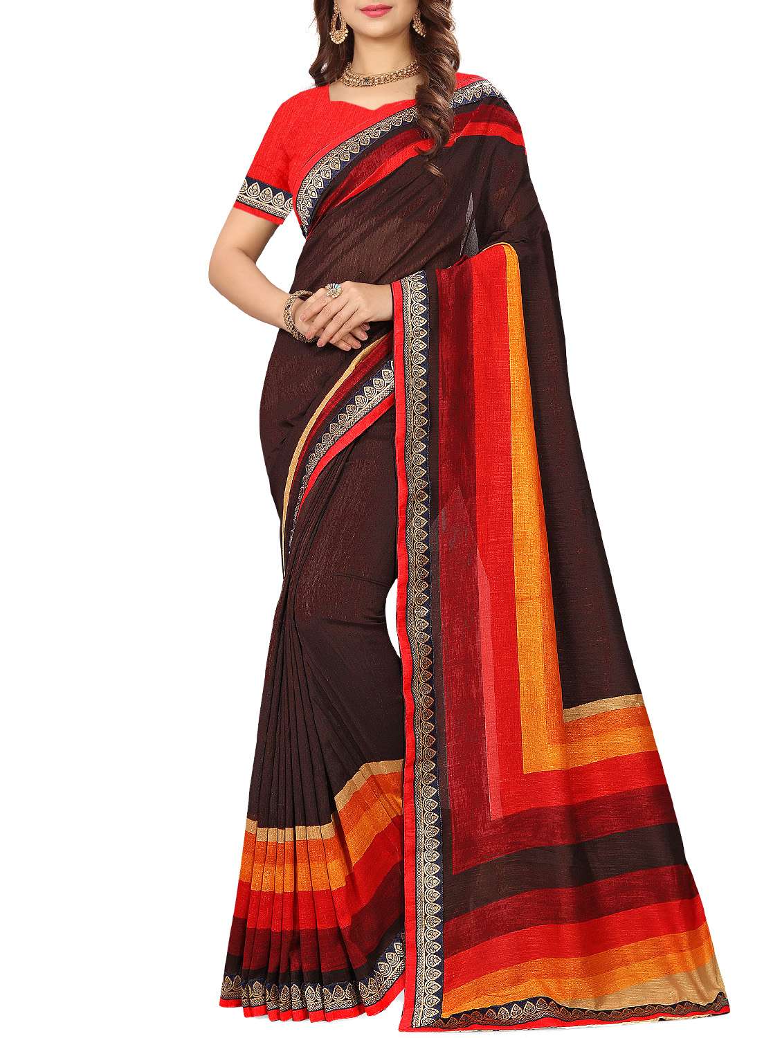 women's bordered royal blue colored saree with blouse