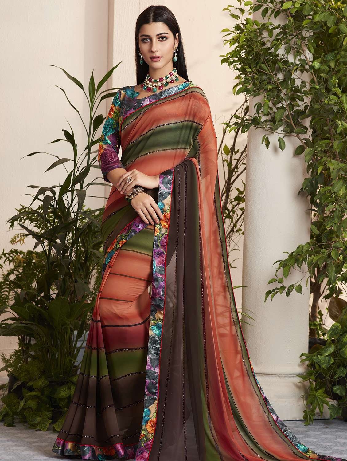 striped embellished printed saree