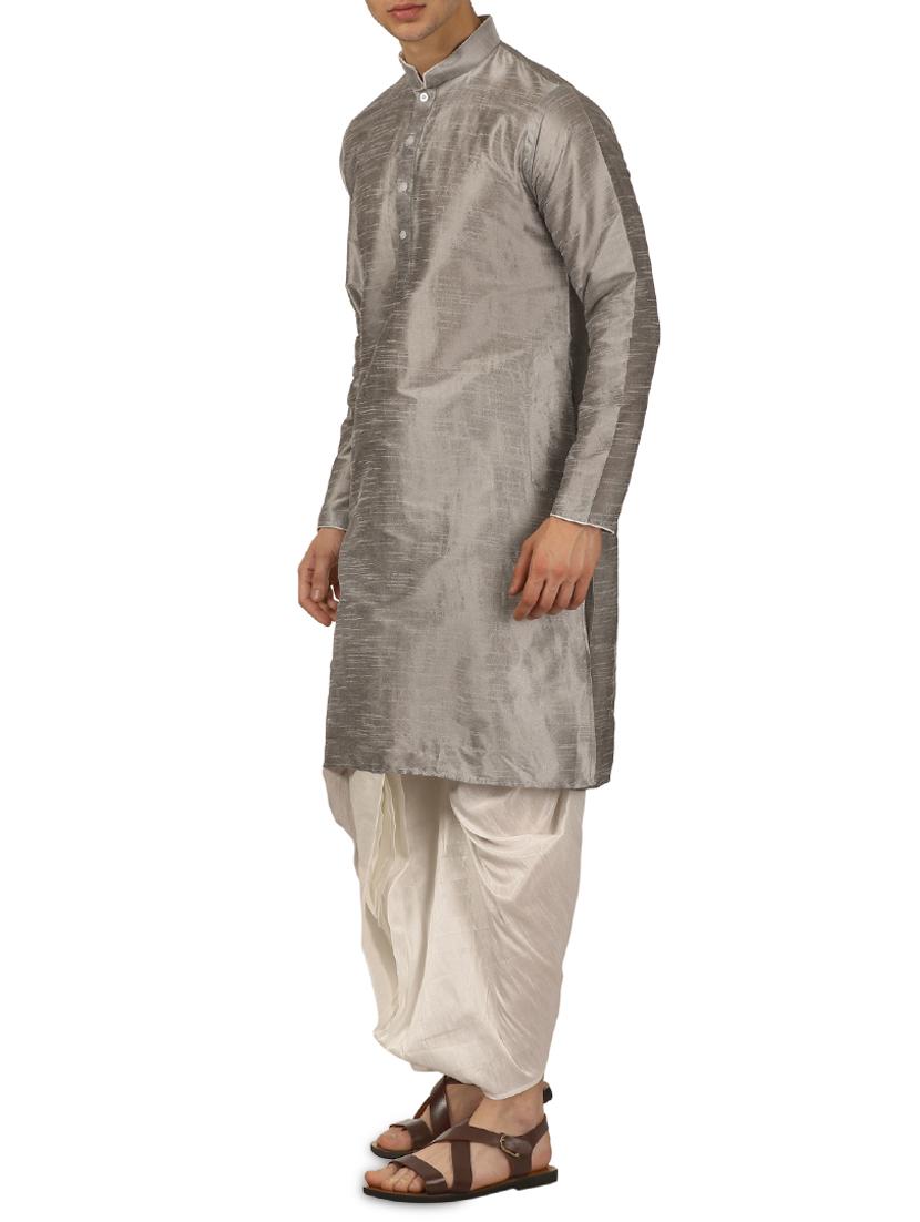 silver silk blend dhoti kurta set - 16114970 - Standard Image - 1