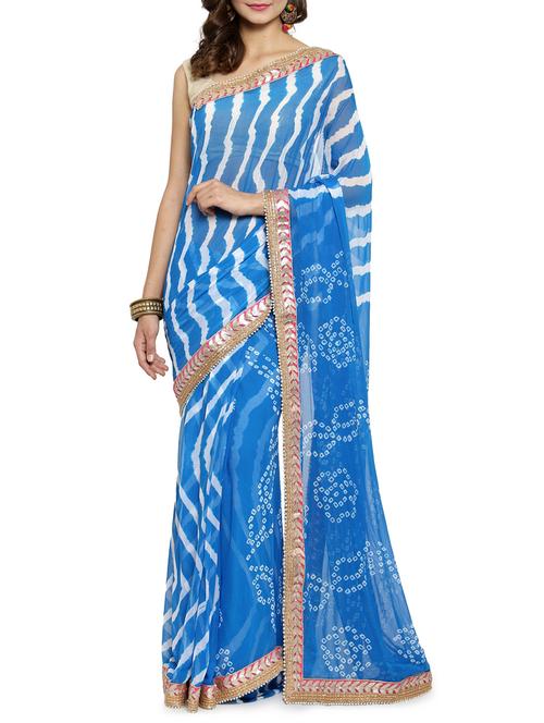 women's stripes blue colored saree with blouse - 16120228 -  Standard Image - 0