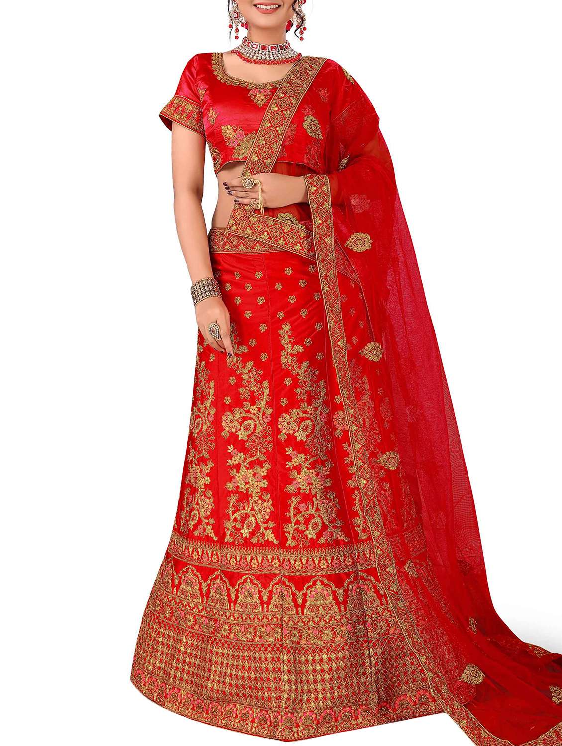 red floral embroidered a-line lehenga