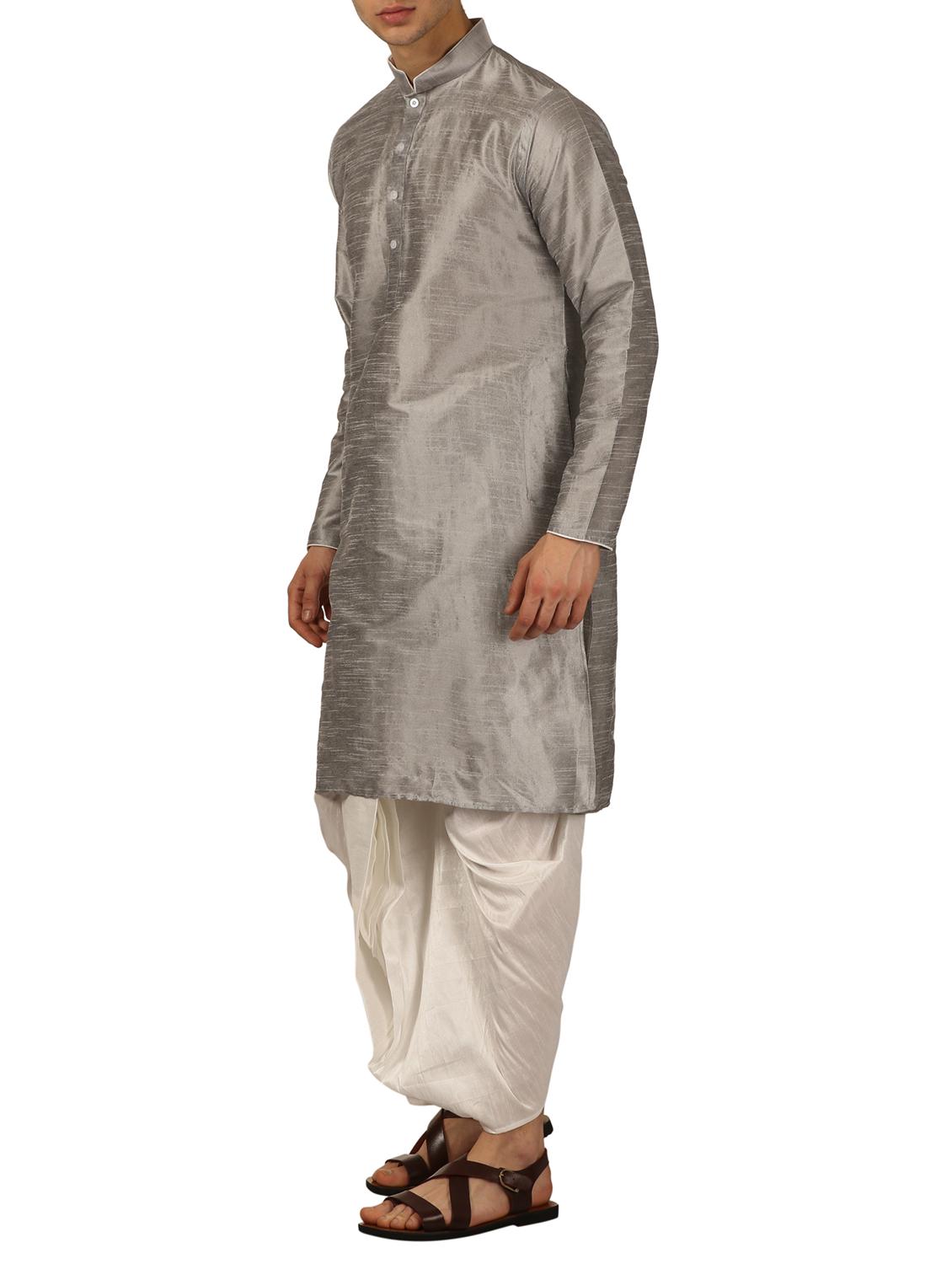 silver silk blend dhoti kurta set - 16134974 - Standard Image - 1