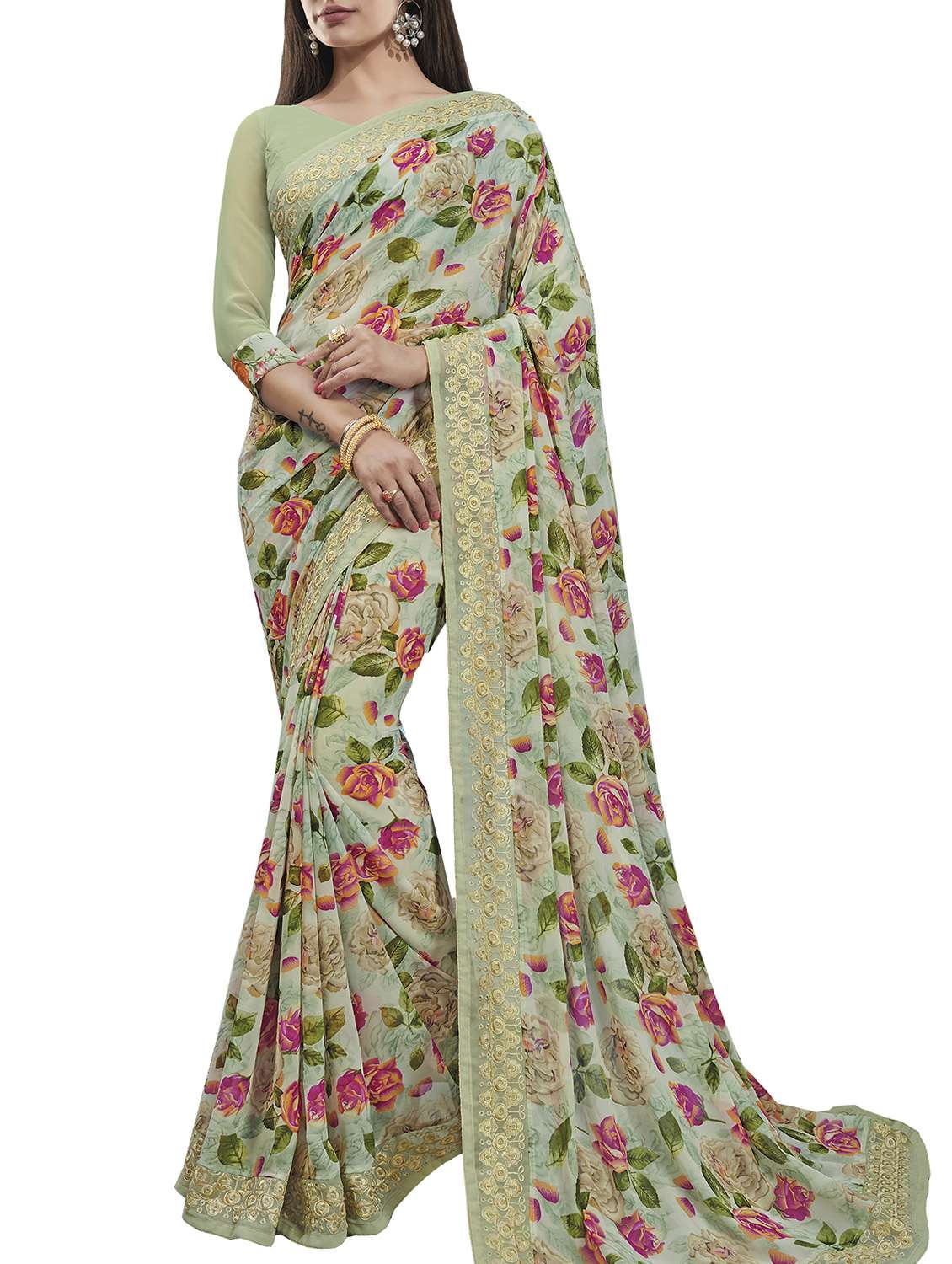 embroidered border floral printed saree with blouse
