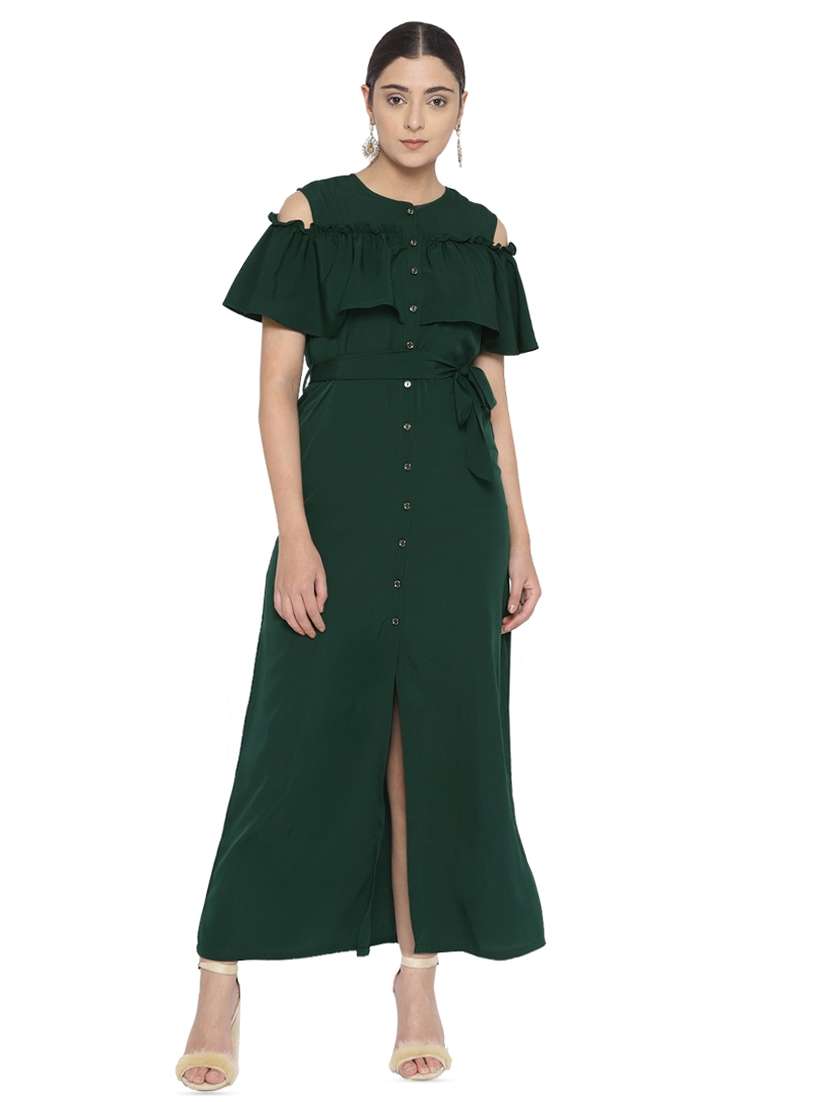 ruffled cold shoulder button up maxi dress