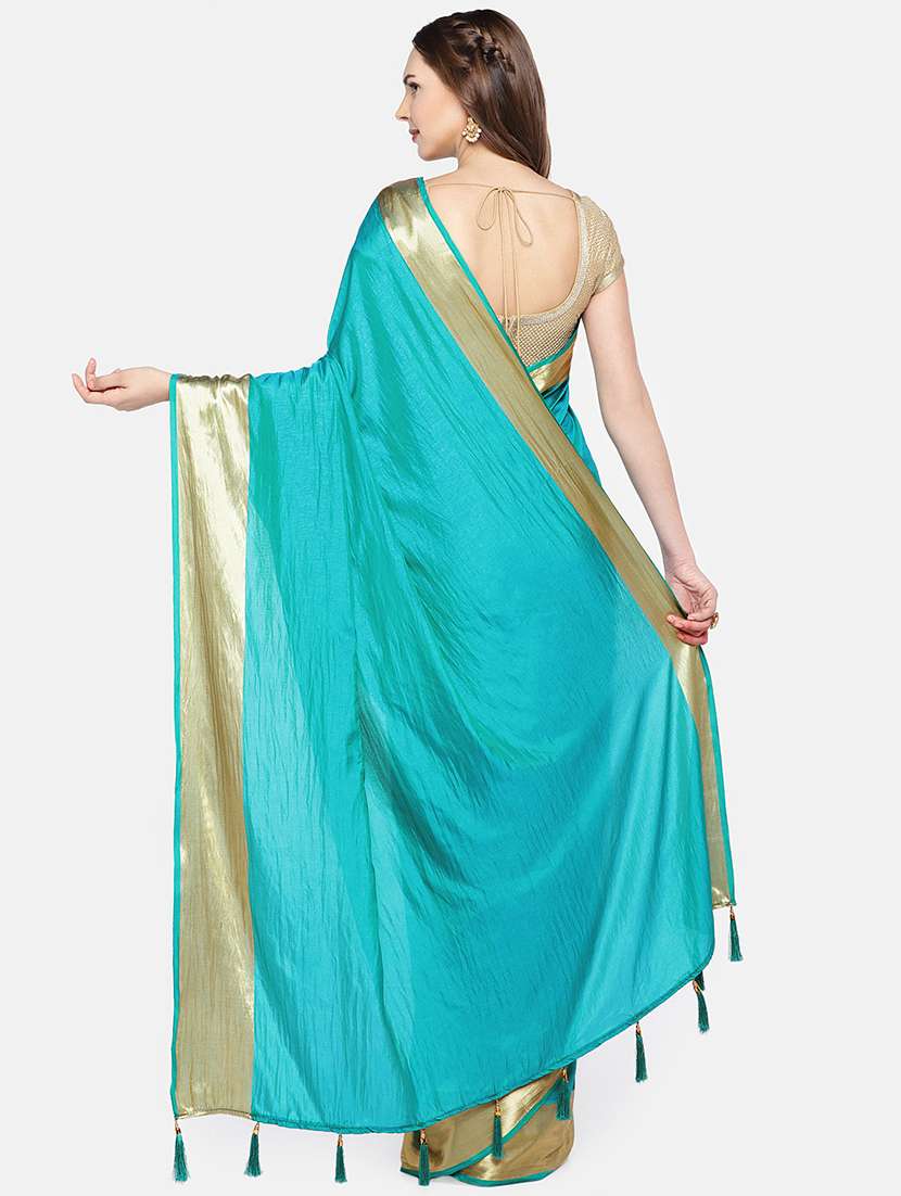 turquoise zari border saree with blouse - 16139628 -  Standard Image - 1
