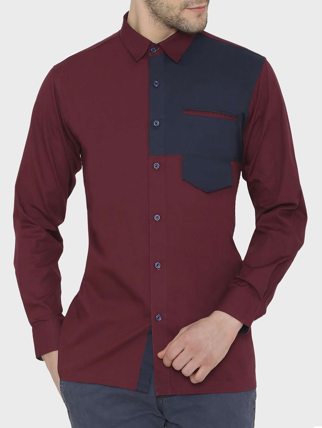maroon color block casual shirt