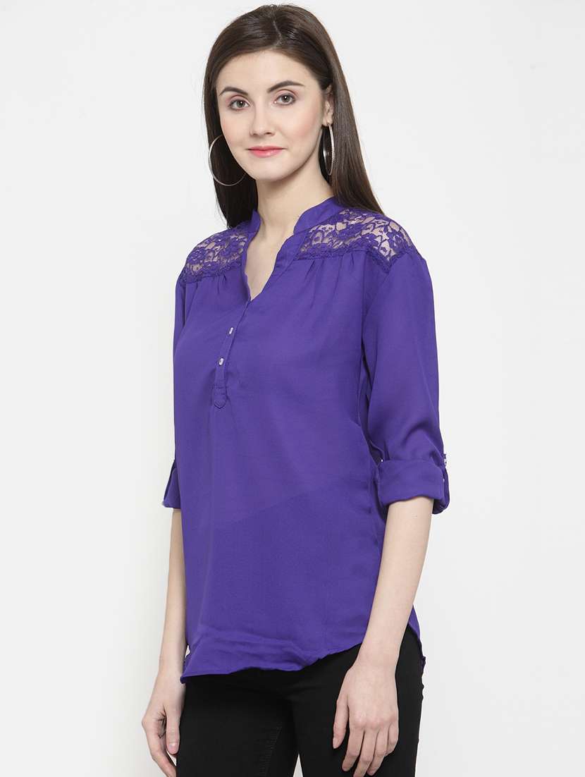roll up sleeved lace panel top - 16158295 -  Standard Image - 1