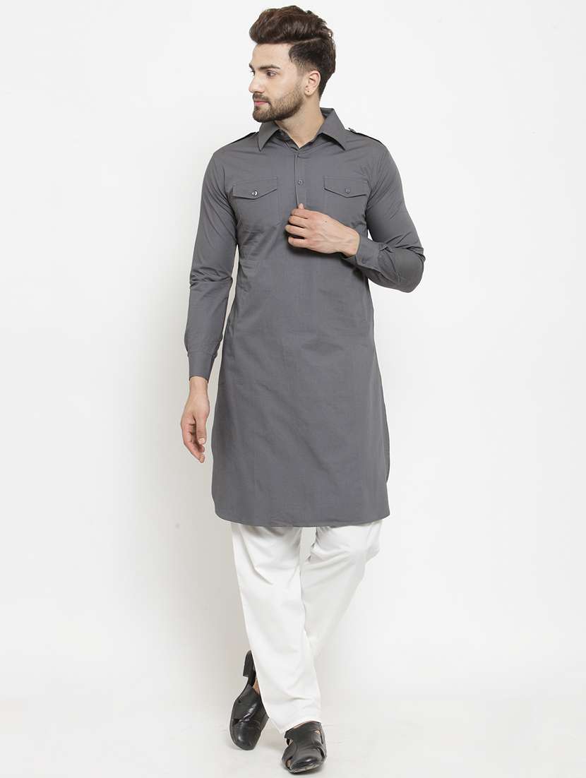grey solid pathani kurta - 16159085 - Zoom Image - 0